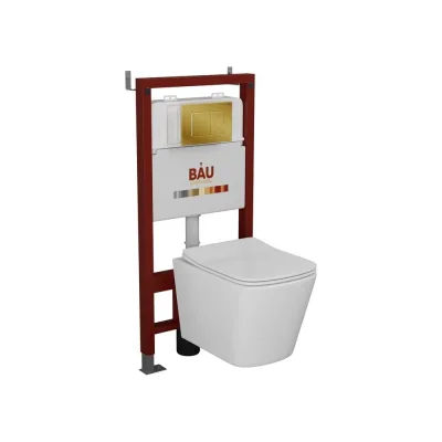 Комплект Bauedge BAU 6 в 1: инсталляция BAU PRO, унитаз подвесной безободковый Bau Stil 49x35, сиденье дюропласт микролифт, клавиша BAU Stil, золото Q111300-BS0001-Q00013
