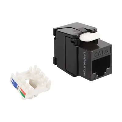 Модуль LANMASTER Keystone ToolLess, RJ45, неэкранированный, кат.6, без шторки, 180 градусов, черный LAN-TK45U6/180N-BK