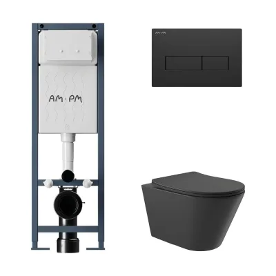 Комплект AM.PM I012711.0338 ErgoFit инсталляция для унитаза с клавишей ErgoFit M пластик, черный матовый + унитаз Long 525х360 безободковый, Vortex (Торнадо), сиденье Soft-Close, черный матовый, конус I012711.0338CV2140