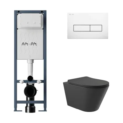 Комплект AM.PM I012711.0301 ErgoFit инсталляция для унитаза с клавишей ErgoFit M пластик, белый глянцевый + унитаз Long 525х360 безободковый, Vortex (Торнадо), Soft-Close, черный матовый, конус I012711.0301CV2140