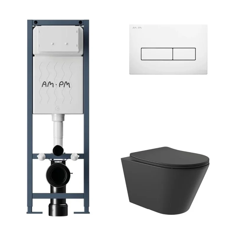 Комплект AM.PM I012711.0301 ErgoFit инсталляция для унитаза с клавишей ErgoFit M пластик, белый глянцевый + унитаз Long 525х360 безободковый, Vortex (Торнадо), Soft-Close, черный матовый, конус I012711.0301CV2140
