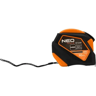 Стальная рулетка NEO TOOLS 10 м, 25 мм, обрезиненный корпус, автоблокировка, кнопка остановки, магнит 67-235