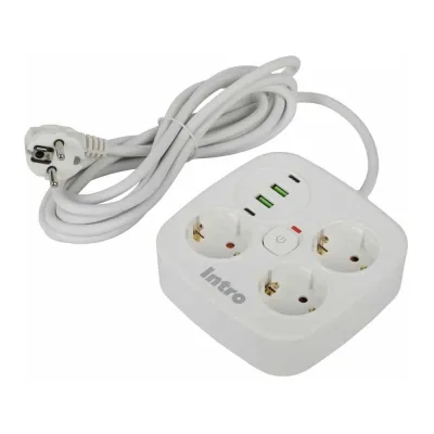 Удлинитель электрический Intro UGES330-W-4USB с заземлением с выключателем 3 розетки + 4xUSB A+C 3м 10А белый Б0069727