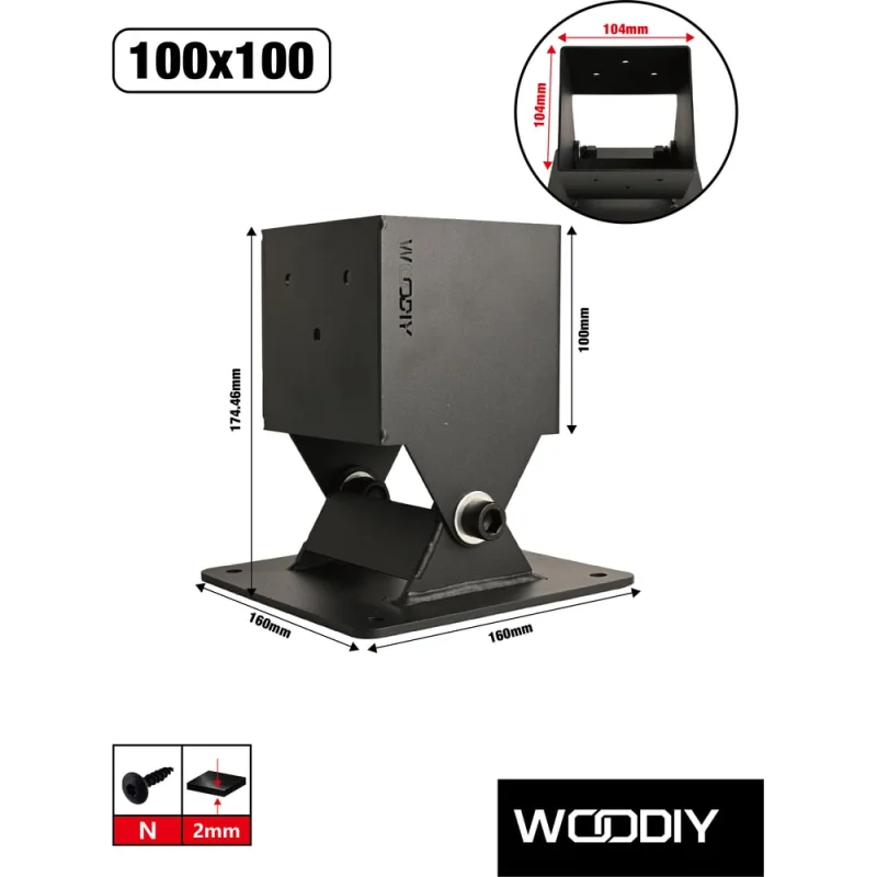Опора с регулируемым углом наклона для бруса WOODIY 100х100, черный матовый WD37
