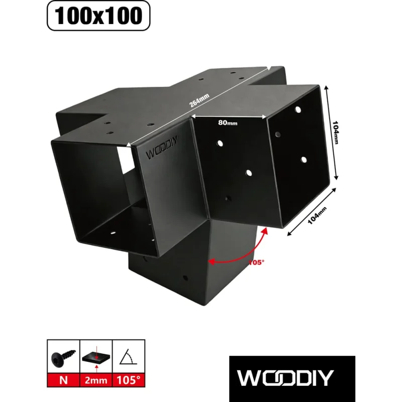 Промежуточный коннектор с уклоном 15 для бруса 100х100 WOODIY, черный матовый WD17-B