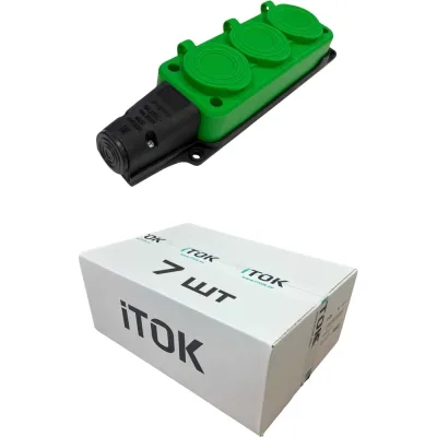 Колодка каучуковая iTOK серии iCONNECT 3 розетки с защитными крышками и заземлением 16А IP54 (модель РК) цвет зеленый (комплект 7 шт) i-KI-KK-3-ICONNECT-1PEN-IP54-GREEN-7
