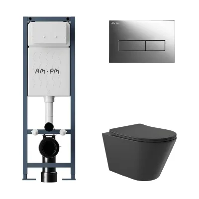 Комплект AM.PM I012711.0351 ErgoFit инсталляция для унитаза с клавишей ErgoFit M пластик, хром глянц + унитаз Long 525х360 безободковый, Vortex (Торнадо), сиденье Soft-Close, черный матовый, конус I012711.0351CV2140