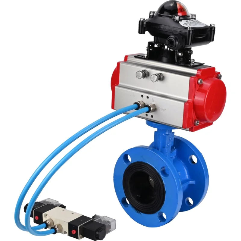 Затвор DN.ru GGG40-GGG40-EPDM-2W-F-H Ду150 Ру16, с пневмоприводом DA-130, пневмораспределитель PND1-T08-220VAC NAMUR, БКВ LSB-210 D050-106763