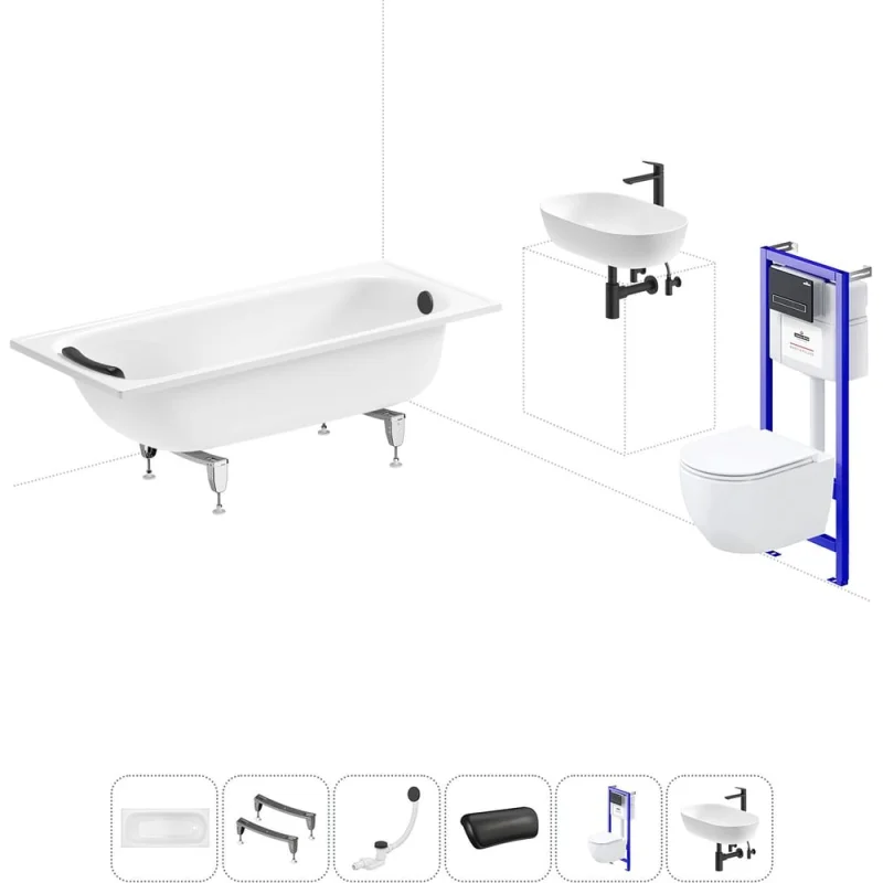 Комплект 6 в 1 Sanitana BLB Europa 2,2 стальная ванна 160x70 с инсталляцией, подвесным унитазом 20220803R