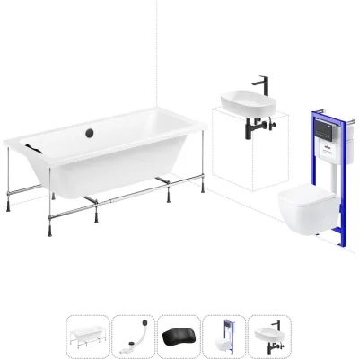Комплект 6 в 1 Lavinia Boho Pure акриловая ванна 180x80 с инсталляцией, подвесным унитазом 20221311R
