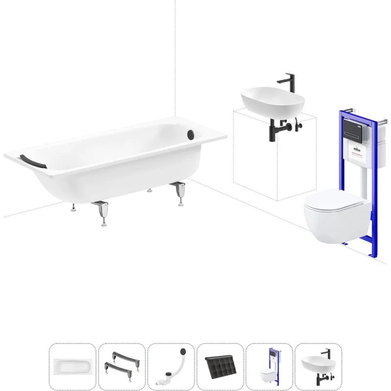 Комплект 6 в 1 Sanitana BLB Universal 3,5 стальная ванна 170x70 с инсталляцией, подвесным унитазом 20220843R