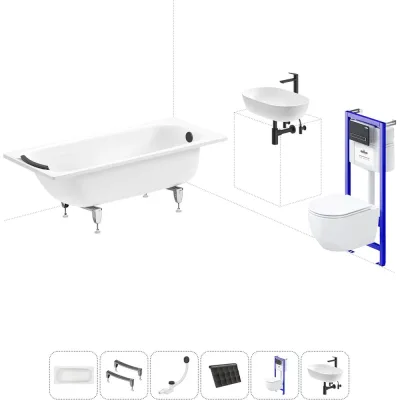 Комплект 6 в 1 Sanitana BLB Universal 3,5 стальная ванна 160x70 с инсталляцией, подвесным унитазом 20220835R