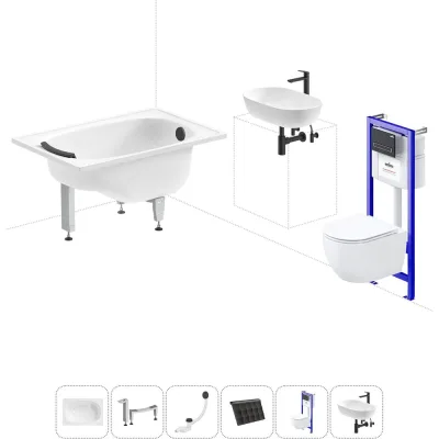 Комплект 6 в 1 Sanitana BLB Europa Mini стальная ванна 105x70 с инсталляцией, подвесным унитазом 20220755R