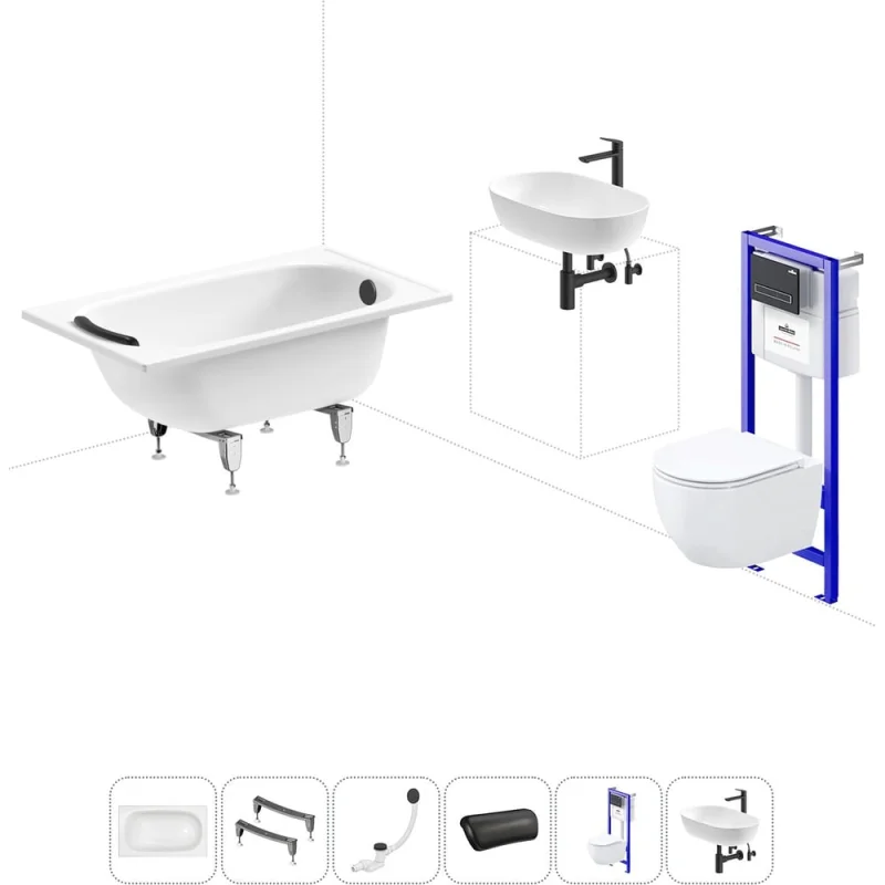 Комплект 6 в 1 Sanitana BLB Europa 2,2 стальная ванна 120x70 с инсталляцией, подвесным унитазом 20220771R