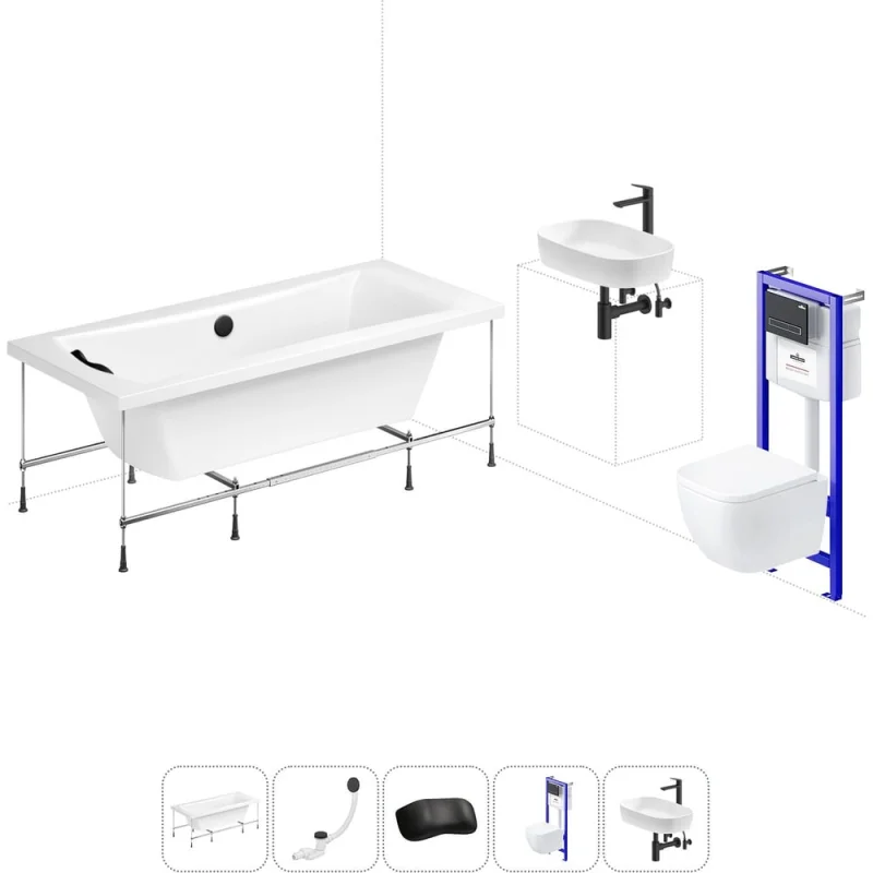 Комплект 6 в 1 Lavinia Boho Evan акриловая ванна 200x90 с инсталляцией, подвесным унитазом 20221303R