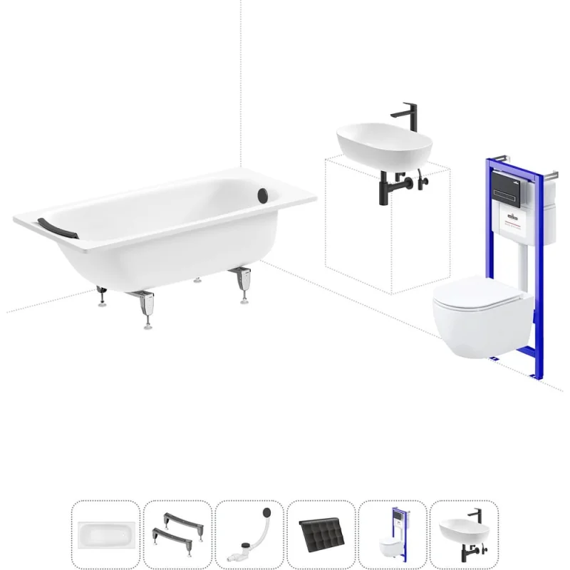 Комплект 6 в 1 Sanitana BLB Universal 3,5 стальная ванна 150x70 с инсталляцией, подвесным унитазом 20220827R