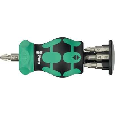 Короткая отвёртка-битодержатель с трещоткой, с битами WERA Kraftform Kompakt Stubby Magazin RA 4 6 пр., 1/4 C 6.3: PH 1/2, SL 5.5/6.5, Robertson R1/2 NEW WE-008893