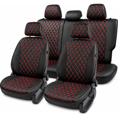 Чехлы для Hyundai Solaris II/Kia Rio IV 2017-2022/Solaris HS 2022-> седан PSV Статус Тройка Comfort/Prestige, дел. спинка, черные, отстрочка красная 139282