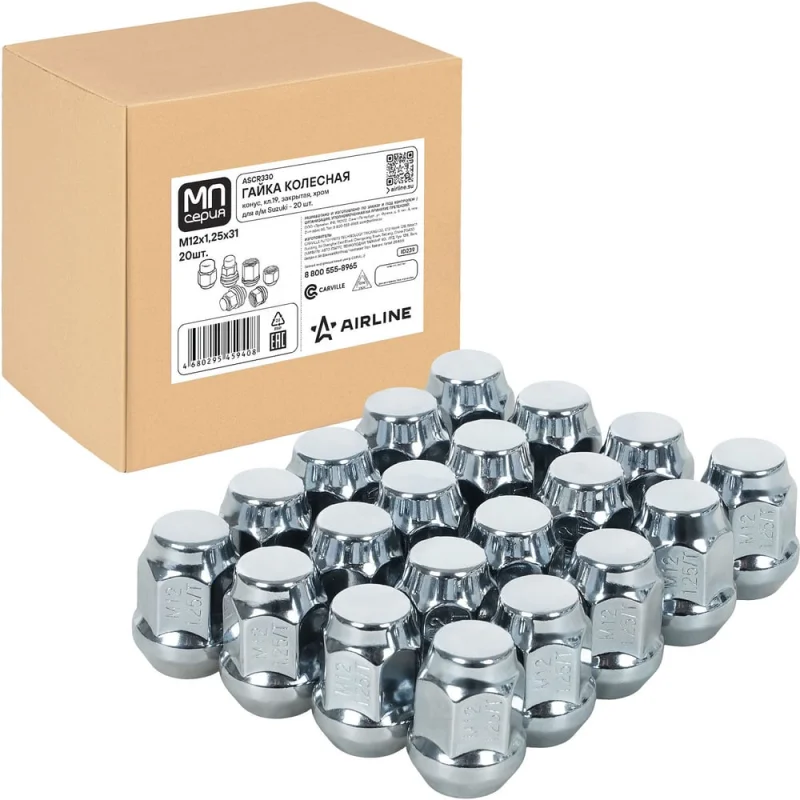Гайка колесная AIRLINE M12x1.25x31, конус, ключ 19, закрытая, хром, 20 шт для а/м Suzuki ASCR330