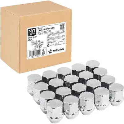 Гайка колесная AIRLINE M12x1.5x29, конус, ключ 21, закрытая, хром, 20 штук для а/м Hyundai/KIA МП-серия ASCR303