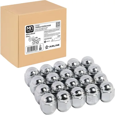 Гайка колесная AIRLINE M12x1.25x28, конус, ключ 21, закрытая, хром, 20 штук для а/м Nissan/KIA МП-серия ASCR327