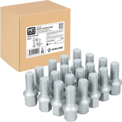 Болт колесный AIRLINE M14x1,5x27x53, сфера R13, ключ 17, дакромет, 20 шт для а/м VW/Skoda/Audi ABLT301