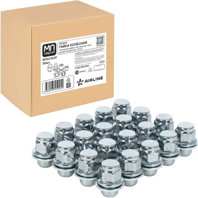 Гайка колесная AIRLINE M12x1.5x37, несъемная шайба, ключ 21, закрытая, хром, 20 шт для а/м Toyota/Lexus ASCR305