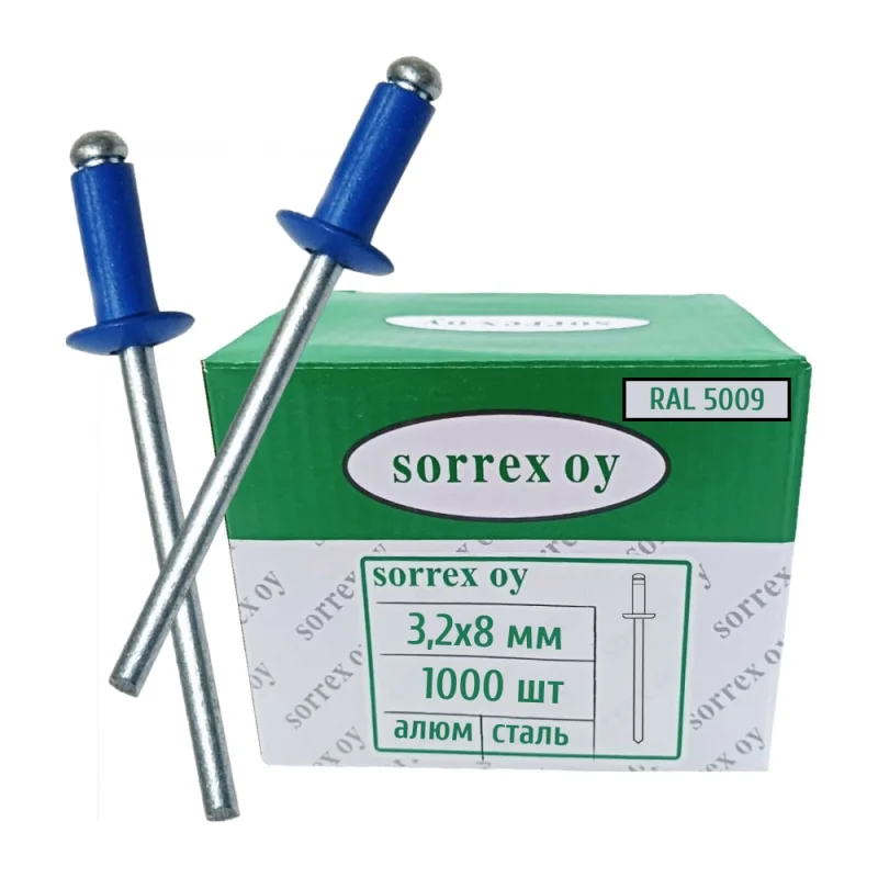 Заклепка вытяжная SORREX цветная алюминий/сталь 3,2x8 RAL 5009 Лазурно-синий OY 1000 штук 2ASD 32800 RAL 5009 1000