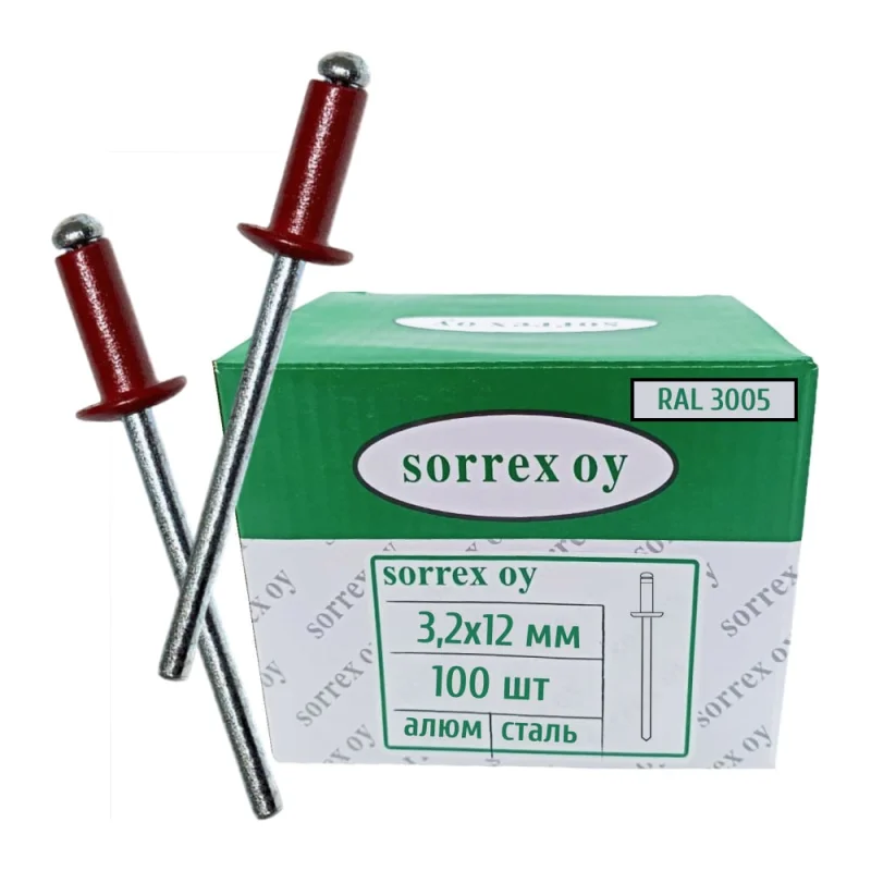 Заклепка вытяжная SORREX цветная алюминий/сталь 3,2x12 RAL 3005 Винно-красный OY 100 штук 2ASD 32120 RAL 3005 100
