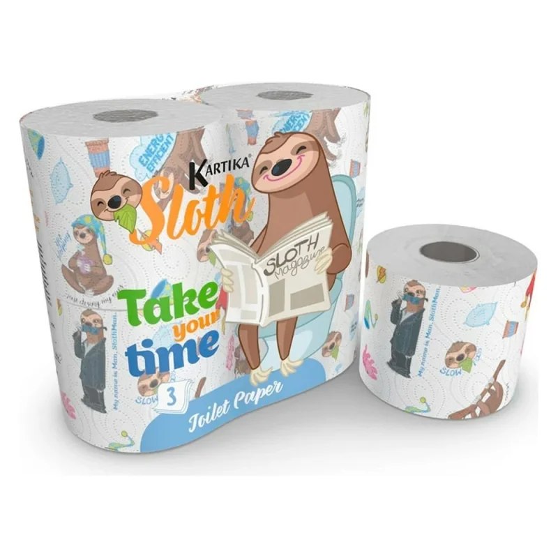 Туалетная бумага WORLD CART "Ленивец" с рисунком, Kartika Collection, 3 слоя, 4 рулона/280 л, SLH-TT-01
