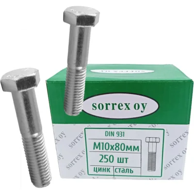 Болт SORREX DIN 931, М10x80 мм, оцинкованный, к.п. 8.8, 250 шт. 0931-108-10-080 250