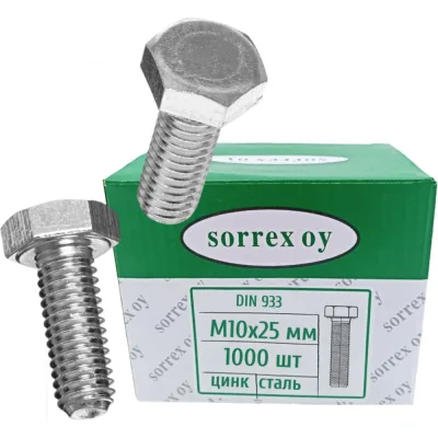 Болт SORREX DIN 933, М10x25 мм, оцинкованный, к.п. 5.8, 1000 шт. 0933-105-10-025 1000