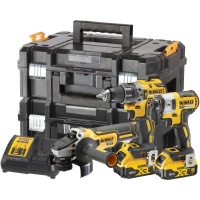 Аккумуляторный набор Dewalt DCK384P2T, 18 В: дрель DCD796 + шуруповерт DCG405 + УШМ DCG405, с 2 АКБ 5 Ач и ЗУ, в 2 кейсах TSTAK DCK384P2T-QW