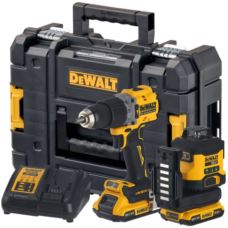 Аккумуляторный набор Dewalt DCK2095D2T, 18 В: дрель-шуруповерт DCD805 + нивелир DCLE34031, с 2 АКБ 2 Ач и ЗУ, в кейсе TSTAK DCK2095D2T-QW