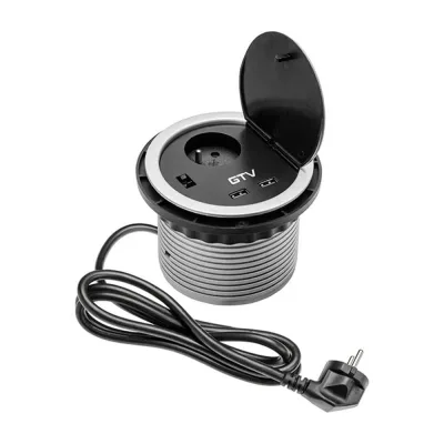 Круглая врезная розетка GTV CHARGER French 2xUSB 5V 2A, с проводом 1,5 м, серый AE-BPW1U2UCH-80