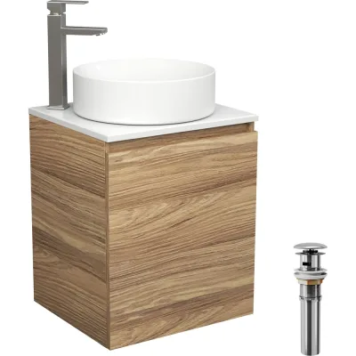 Тумба Bauedge Bau Dream Blackwood 50 с дверцей, раковина BAU Dream круглая, смеситель для раковины высокий Hotel Still, нержавеющая сталь, выпуск клик-клак, хром SD3052