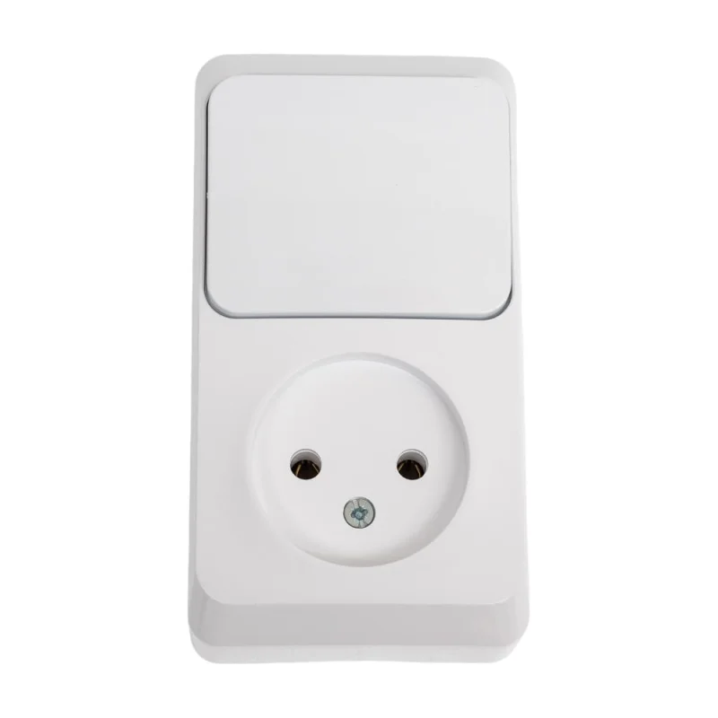 Блок 1-местная розетка + 1-клавишный выключатель Systeme Electric открытой проводки Этюд без заземления белый BPA16-204B