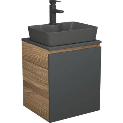 Тумба Bauedge Bau Dream Blackwood 50 графит, раковина BAU Cerama 48х37 темно-серая матовая, смеситель Hotel Black, черный SD4181