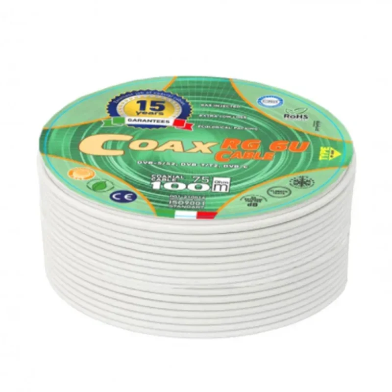 Кабель коаксиальный телевизионный RG 6U 1х6,8 мм экранированный Coax белый (100 м)