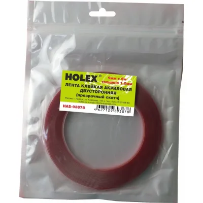 Акриловая двусторонняя клейкая лента Holex 9 мм х 5 м, 1 мм, прозрачная, блистер HAS-93878