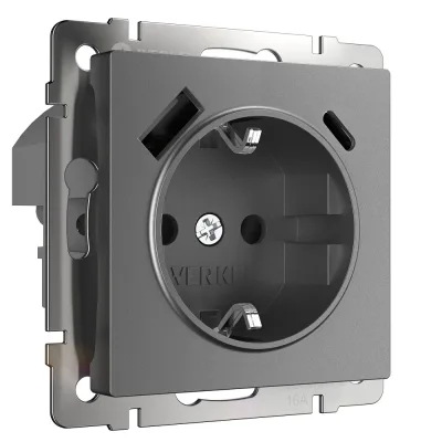 Розетка Werkel встраиваемая графит матовый с заземлением со шторками с USB-A/ Type-C (a063106)