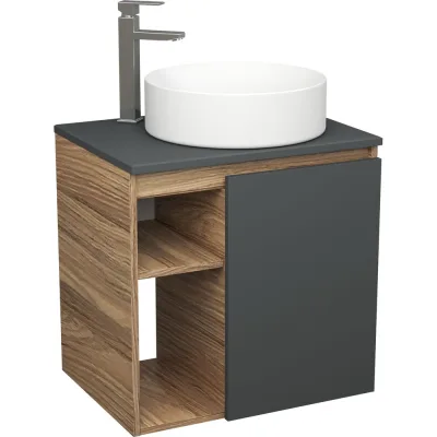 Тумба Bauedge Bau Dream Blackwood 60 правая, графит, раковина BAU Dream круглая D41, смеситель для раковины высокий Hotel Still, нержавеющая сталь SD4239
