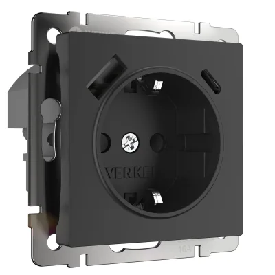 Розетка Werkel встраиваемая черная матовая с заземлением с USB-A/ Type-C (a056275)