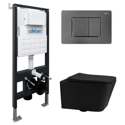 Комплект подвесной унитаз ABBER Rechteck AC1201MB черный матовый с инсталляцией AC0105 и кнопкой AC0120NG оружейная сталь