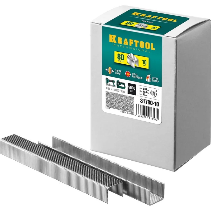 Скобы для степлера KRAFTOOL тип 21GA (80/Pr A/Senco AT) 10 мм, 5000 шт, 31780-10