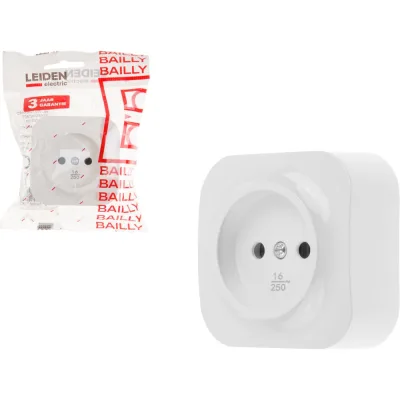 Розетка LEIDEN ELECTRIC 1-ая (открытая, б/з) белая, Bailly, 806003