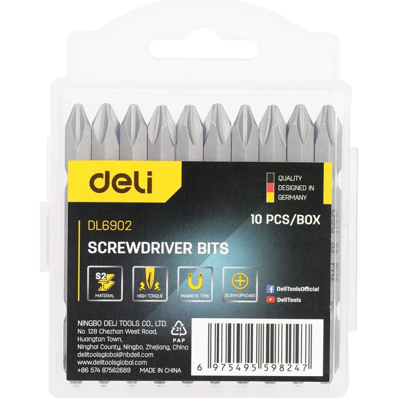 Набор двухсторонних бит DL6902 10 шт, PH2x65 мм, сталь S2, твердость 58-60HRC, пласт. кейс DELI 130273