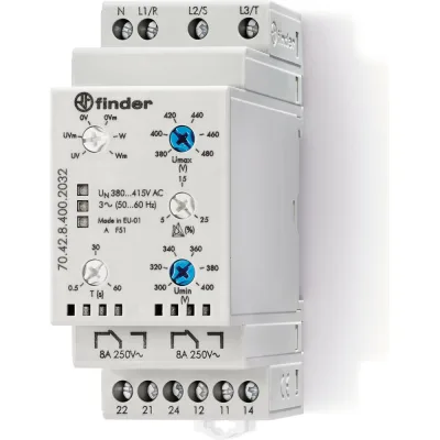 Реле контроля фаз Finder пониж/повыш напряж, обрыв/черед., выход 2co 8а, 380-415в, 704284002032