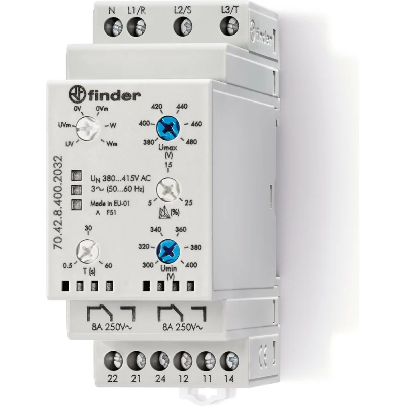 Реле контроля фаз Finder пониж/повыш напряж, обрыв/черед., выход 2co 8а, 380-415в, 704284002032