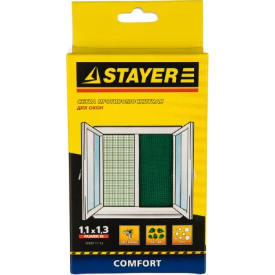 Противомоскитная сетка для окна с крепежной лентой Stayer STAYER COMFORT зеленая, ПЭТ, 1.1x1.3м 12482-11-13
